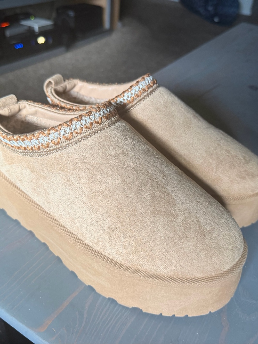 Mudd Tan Platform Slip-On Mules with Braided Trim